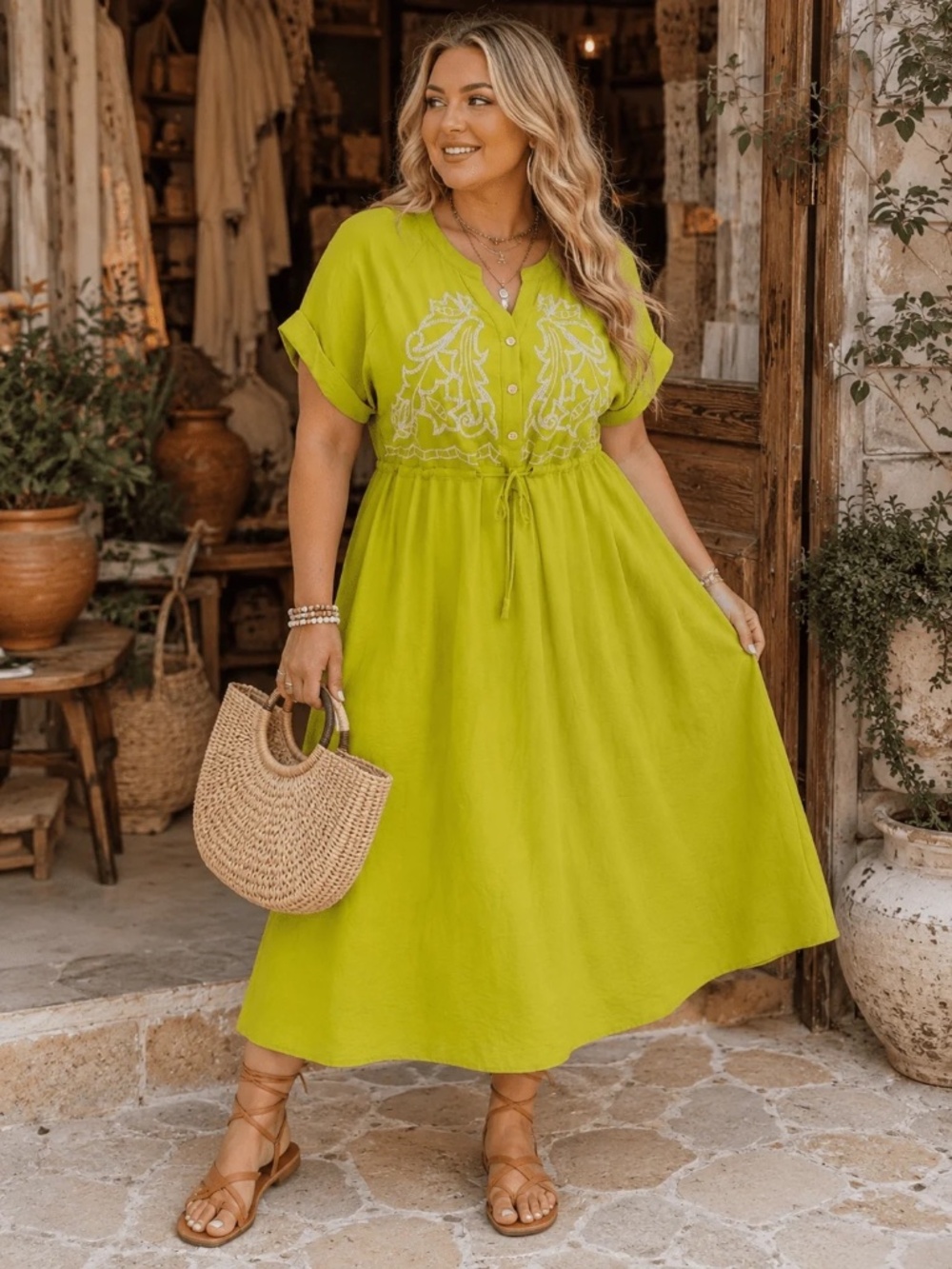 "Soul Of Curves" + Size Button Up Self Tie Elastic Waist Embroidery Maxi Dress